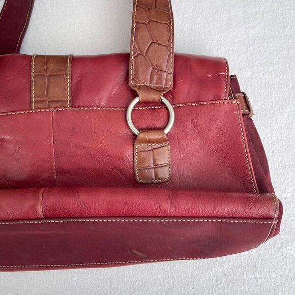 Franco Sarto Red Leather Embossed Brown Trim Shoulder Bag Dual Straps Buckle - Picture 6 of 16